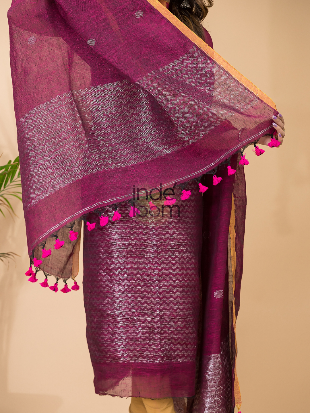 Rani Pink | Handloom Jamdani Linen Unstitched 2-Piece Kurti