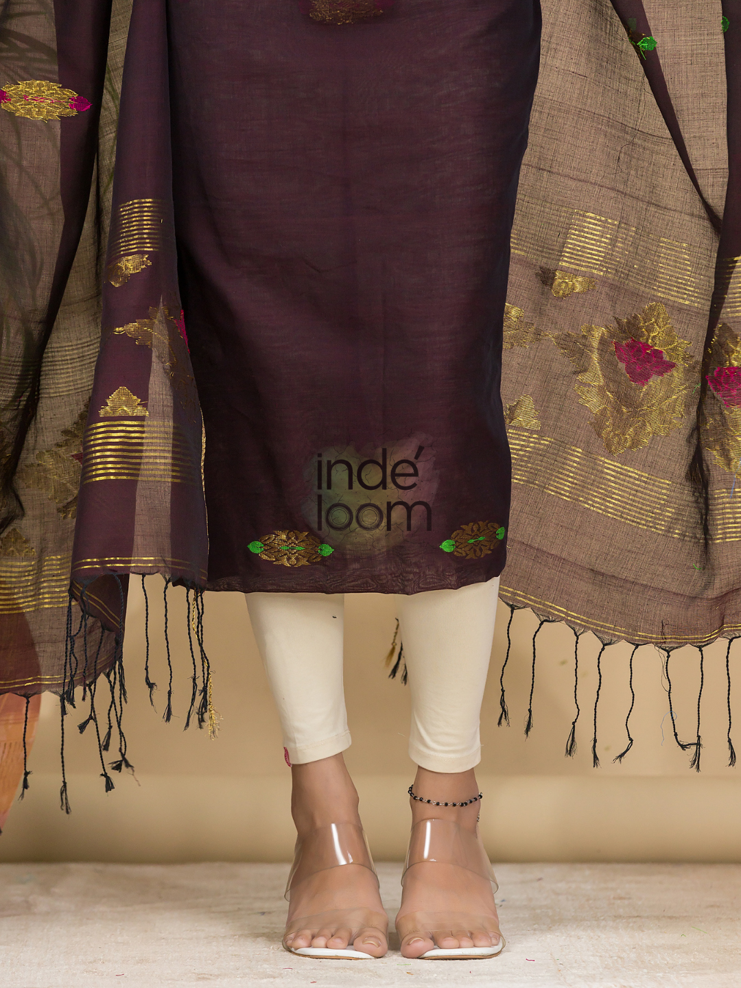 Coffee Brown Mercerised Cotton Meenakari Motif 2-Piece Kurti & Dupatta (UNSTITCHED)-879