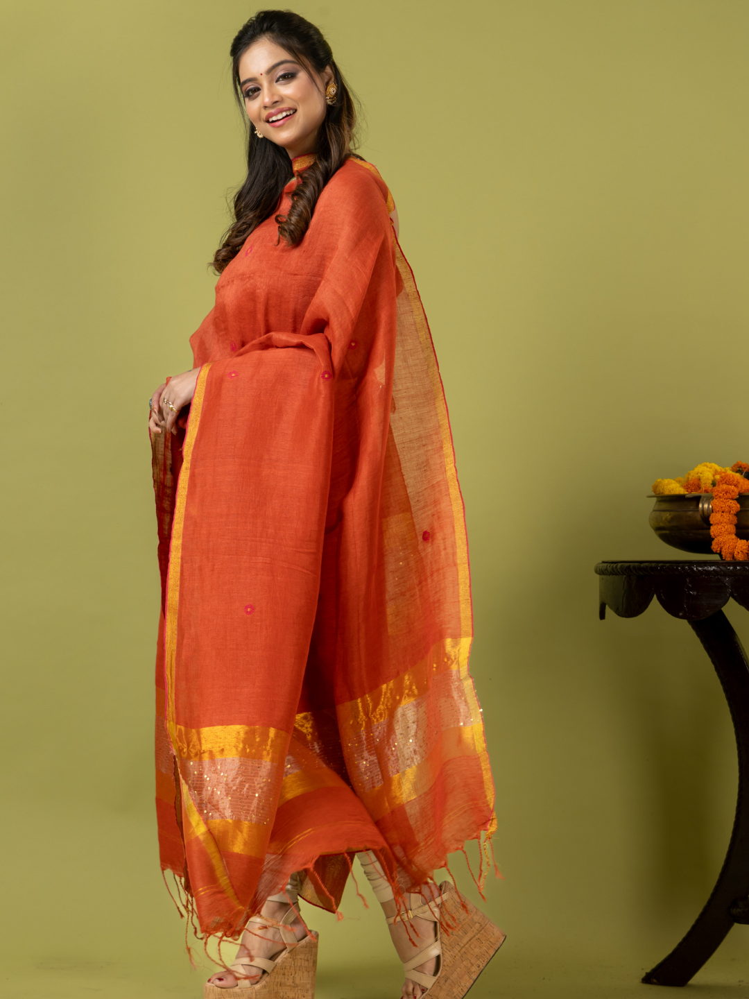 Handwoven Jamdani Linen Unstitched 2-piece Kurti | Burnt Orange