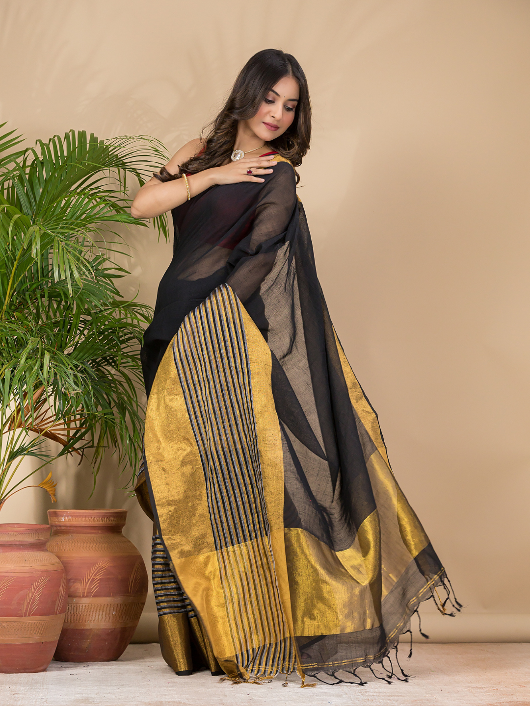 Cotton Linen Handloom Saree With Rich Black - 009