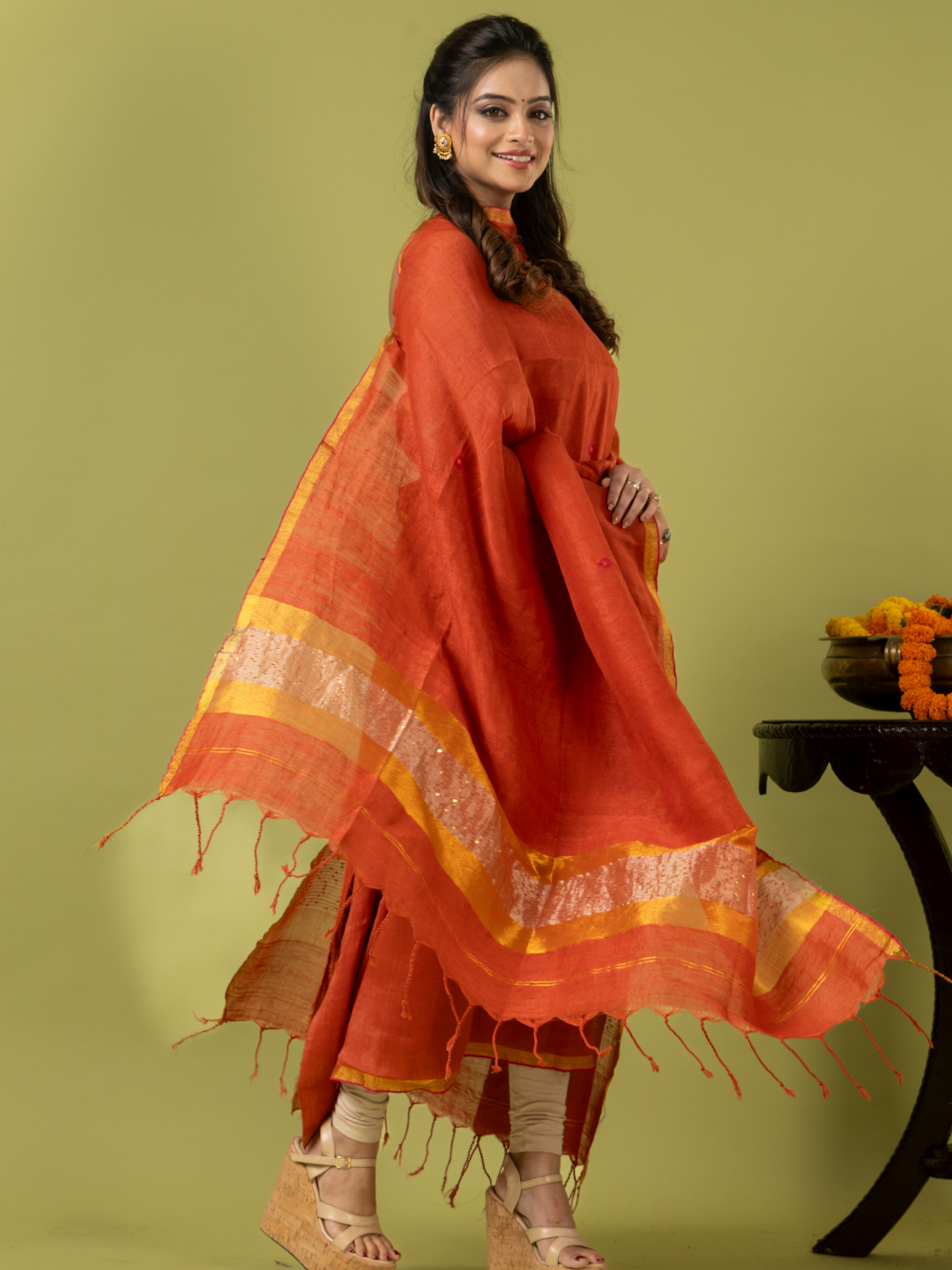 Handwoven Jamdani Linen Unstitched 2-piece Kurti | Burnt Orange