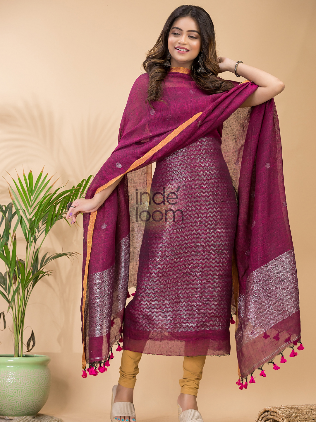 Rani Pink | Handloom Jamdani Linen Unstitched 2-Piece Kurti