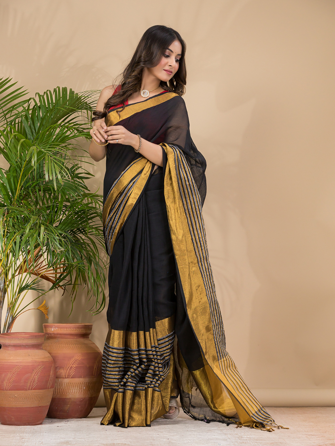 Cotton Linen Handloom Saree With Rich Black - 009