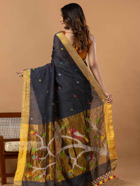 Handwoven Jamdani Linen Saree | Charcoal Black