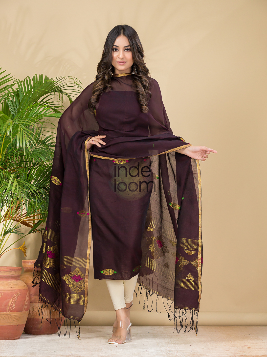Coffee Brown Mercerised Cotton Meenakari Motif 2-Piece Kurti & Dupatta (UNSTITCHED)-879