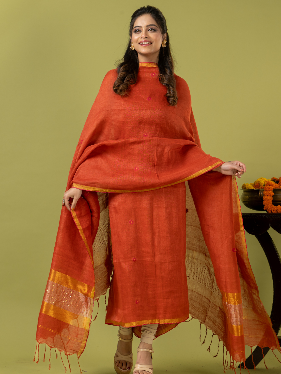 Handwoven Jamdani Linen Unstitched 2-piece Kurti | Burnt Orange