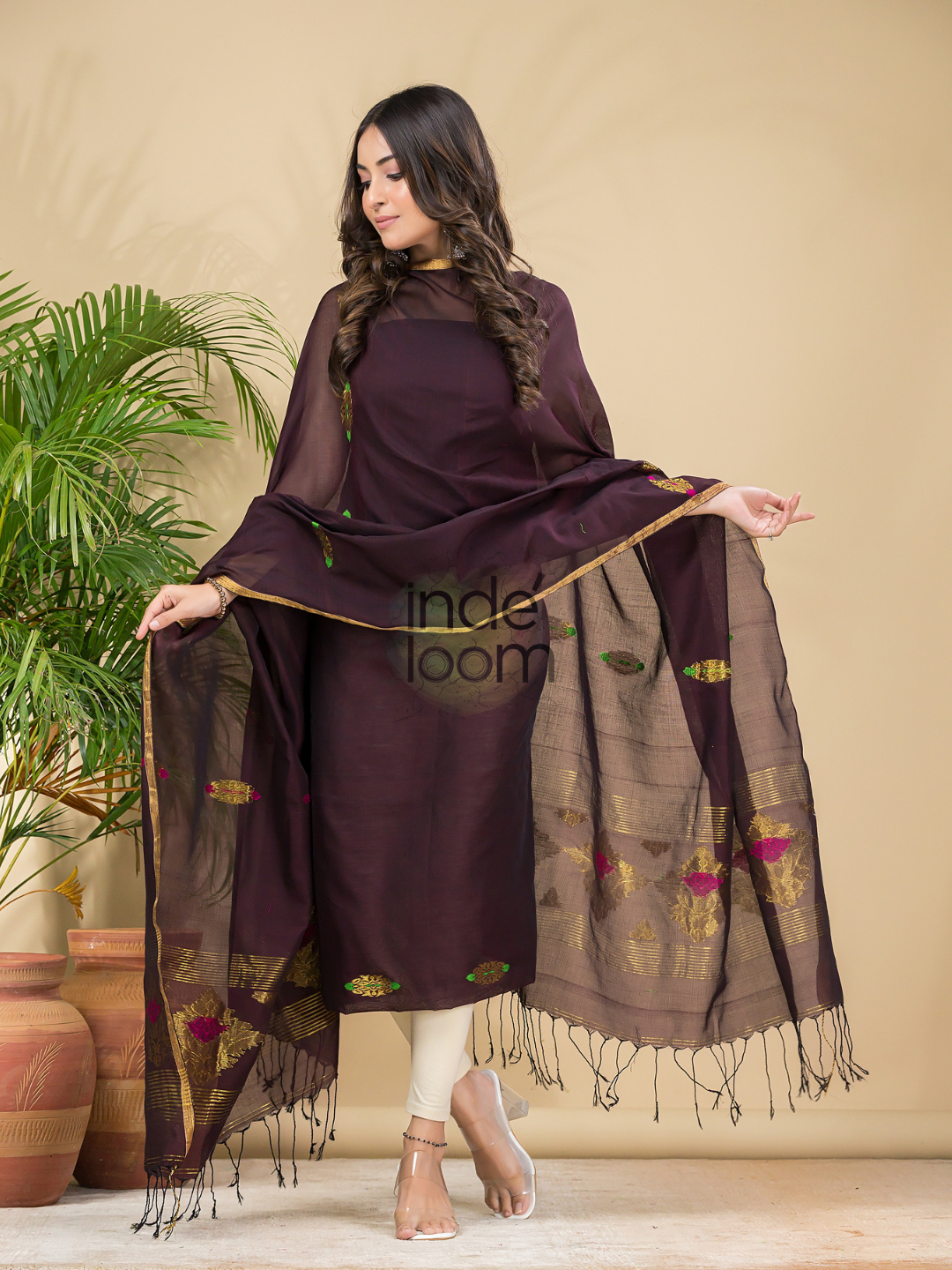 Coffee Brown Mercerised Cotton Meenakari Motif 2-Piece Kurti & Dupatta (UNSTITCHED)-879