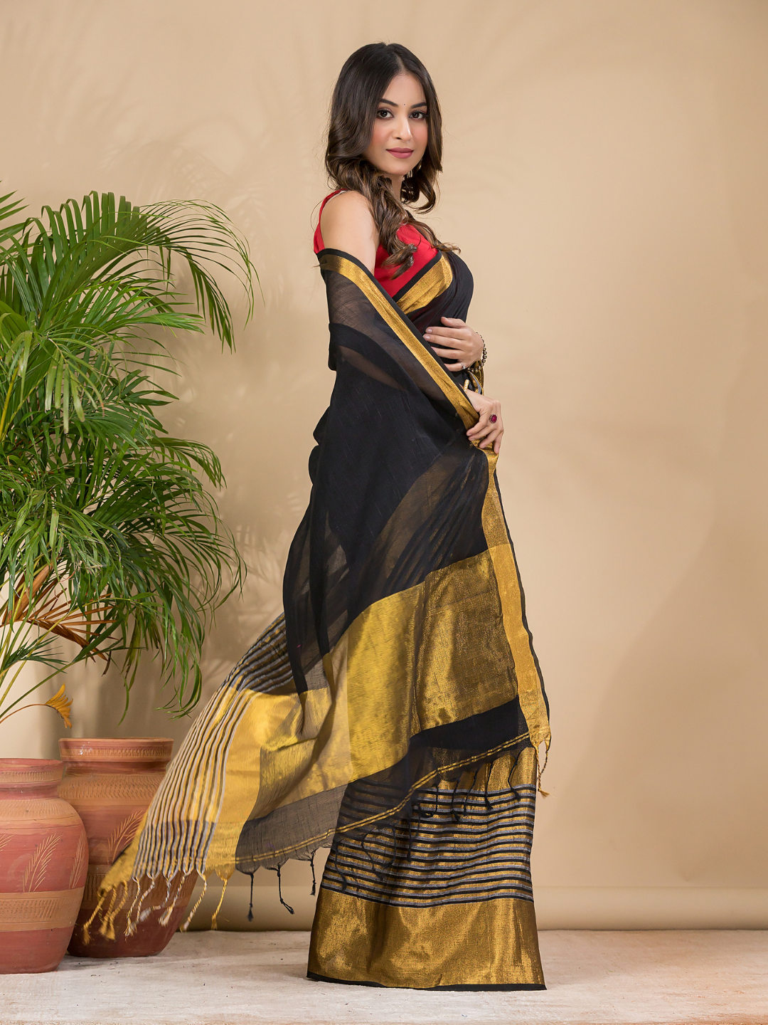 Cotton Linen Handloom Saree With Rich Black - 009