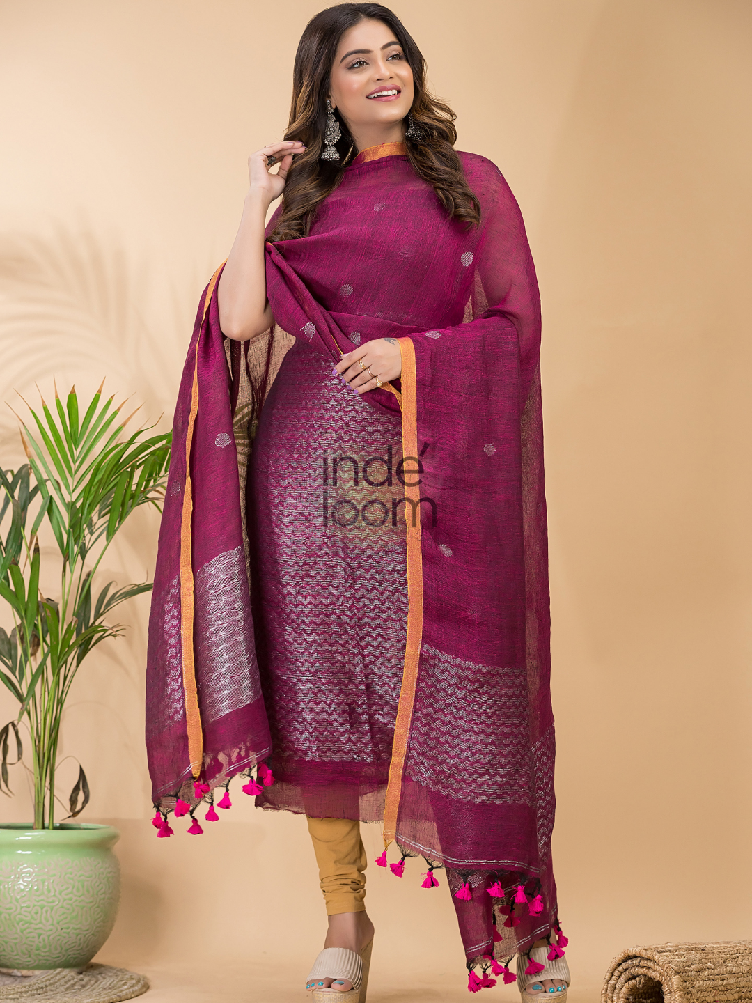 Rani Pink | Handloom Jamdani Linen Unstitched 2-Piece Kurti