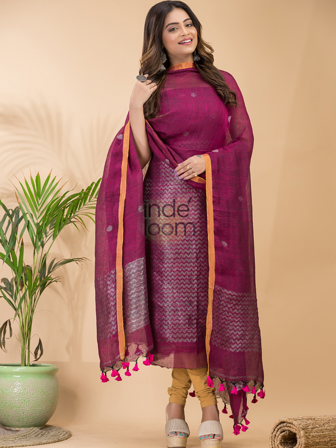 Rani Pink | Handloom Jamdani Linen Unstitched 2-Piece Kurti