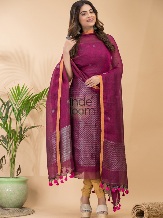 Handwoven Jamdani Silk Cotton Unstitched 2-piece Kurti  |  Magenta Pink