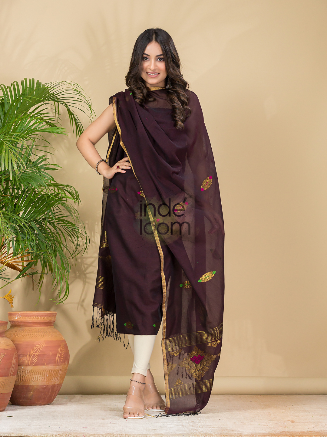 Coffee Brown Mercerised Cotton Meenakari Motif 2-Piece Kurti & Dupatta (UNSTITCHED)-879