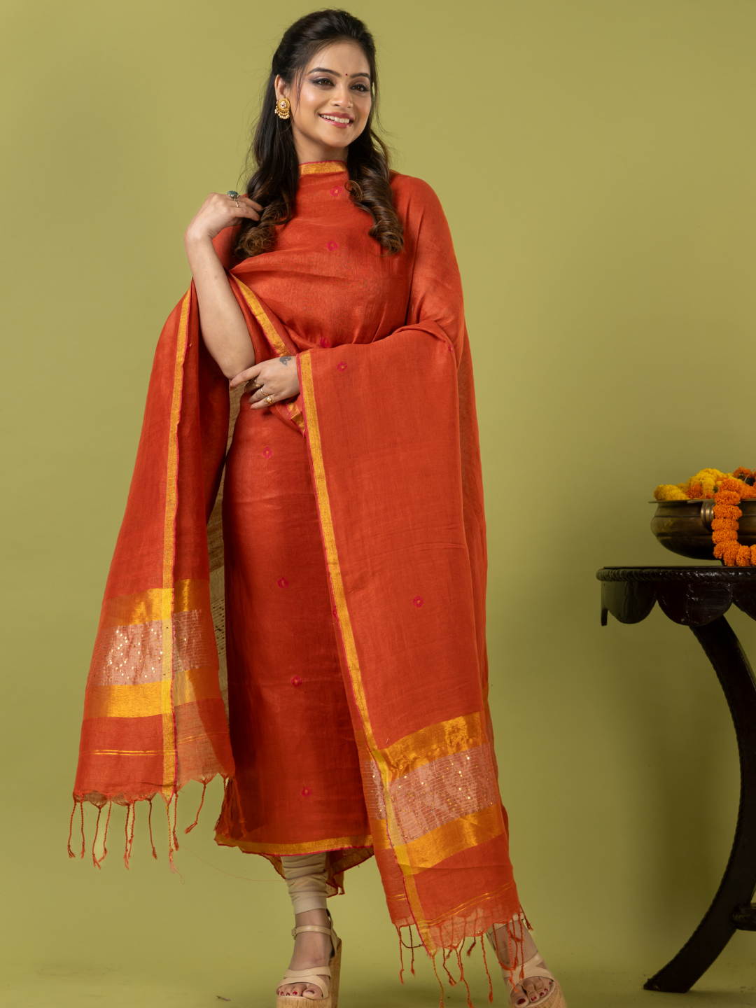 Handwoven Jamdani Linen Unstitched 2-piece Kurti | Burnt Orange