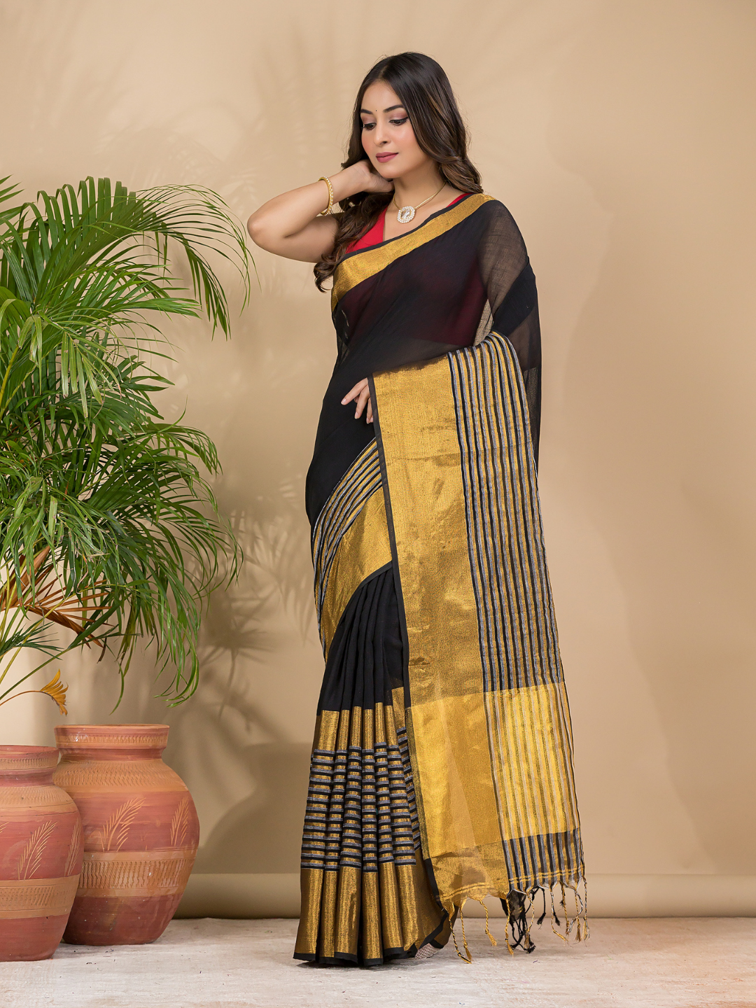 Cotton Linen Handloom Saree With Rich Black - 009