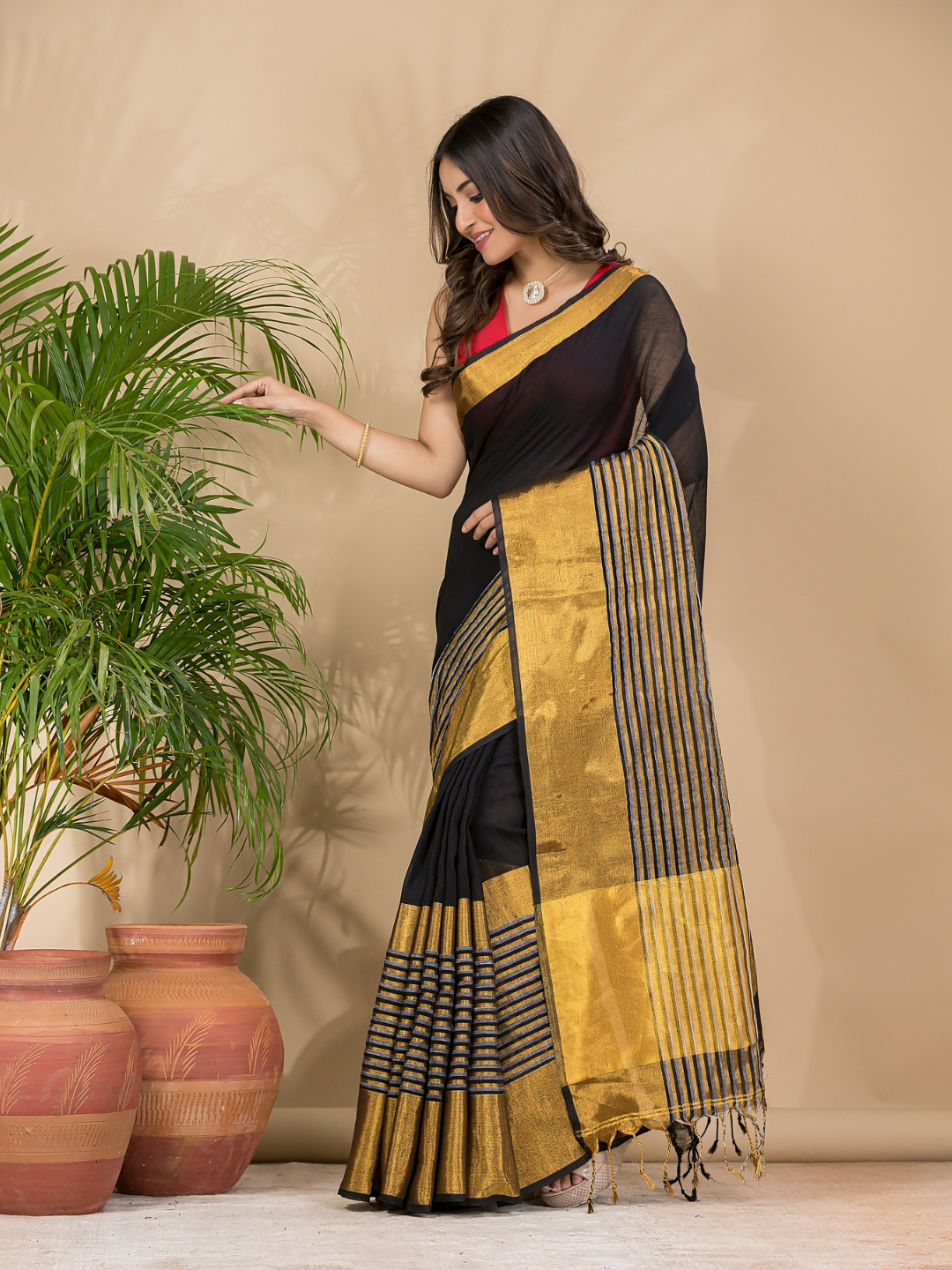 Cotton Linen Handloom Saree With Rich Black - 009