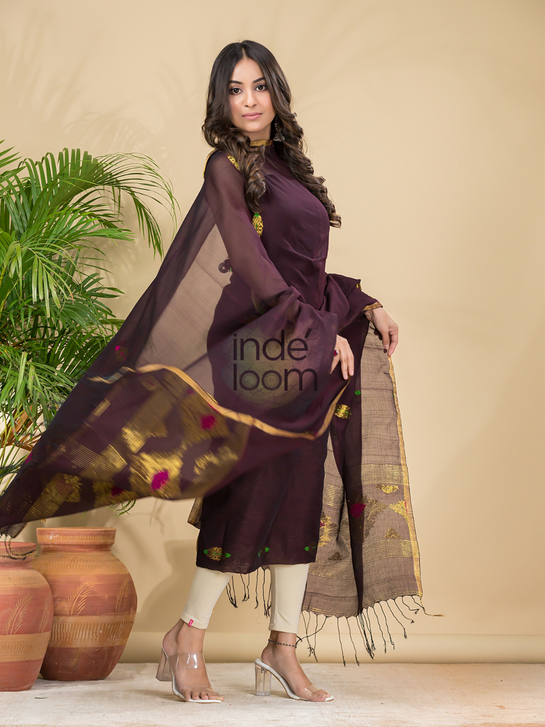 Coffee Brown Mercerised Cotton Meenakari Motif 2-Piece Kurti & Dupatta (UNSTITCHED)-879