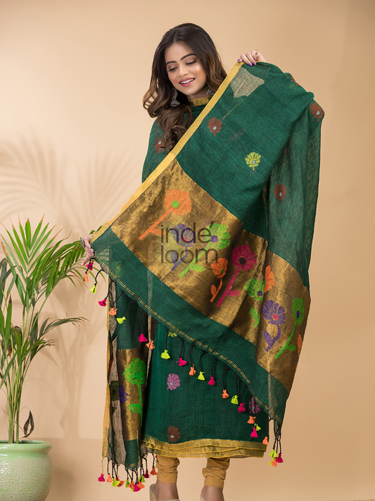 Dark Green Linen X Linen 2-Piece Set Kurti & Dupatta (UNSTITCHED) - 061