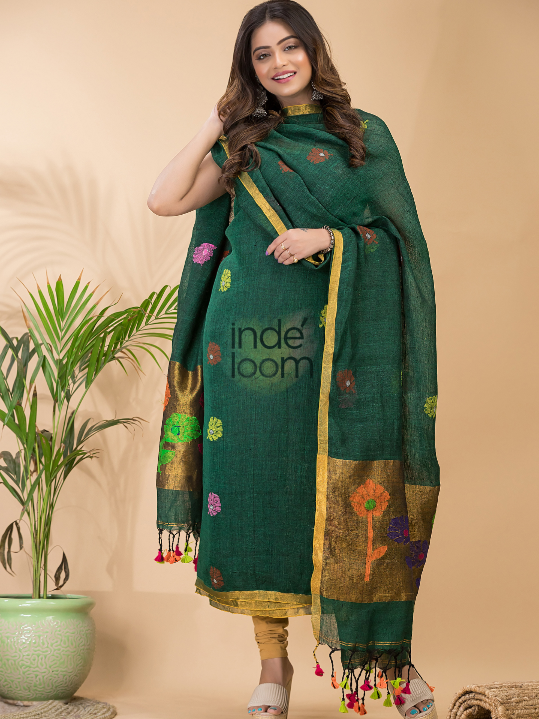Dark Green Linen X Linen 2-Piece Set Kurti & Dupatta (UNSTITCHED) - 061