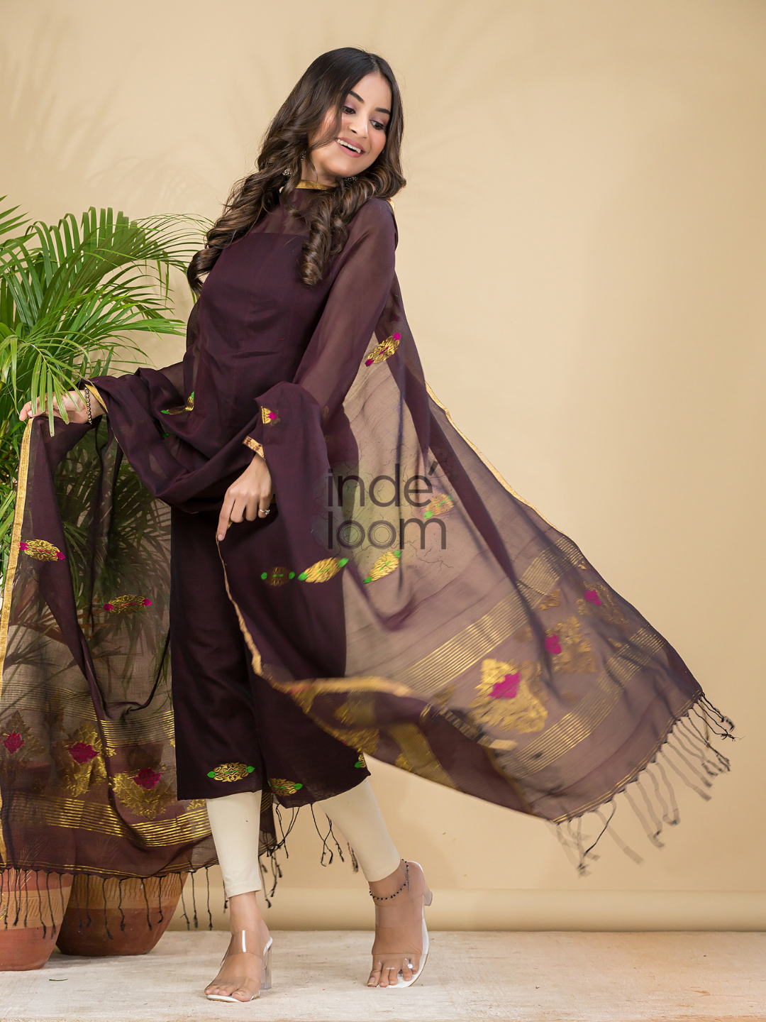 Coffee Brown Mercerised Cotton Meenakari Motif 2-Piece Kurti & Dupatta (UNSTITCHED)-879