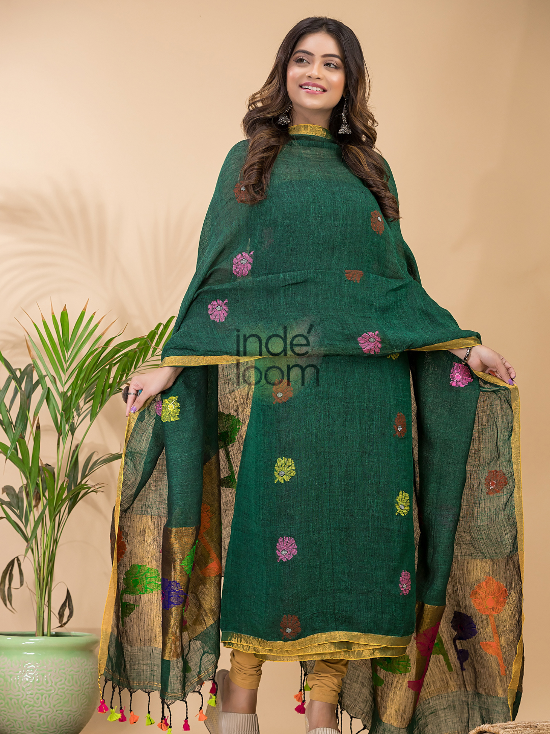 Dark Green Linen X Linen 2-Piece Set Kurti & Dupatta (UNSTITCHED) - 061