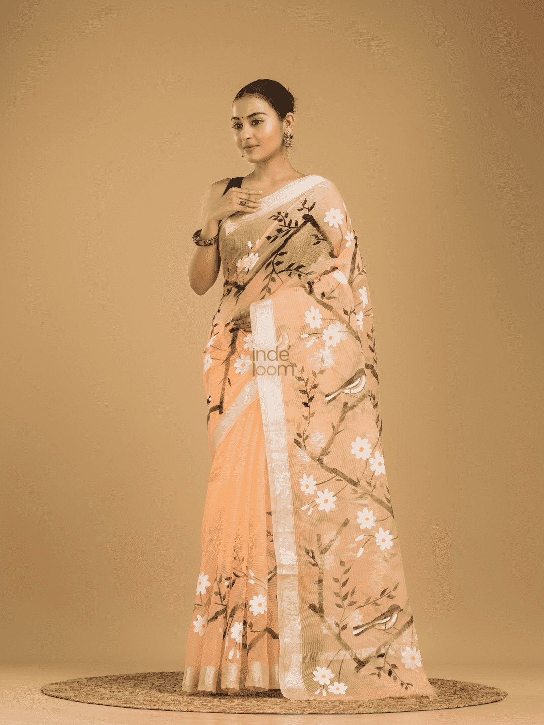 Kota Doria Handpainted Saree With Pale Orange - 006 - indeloom