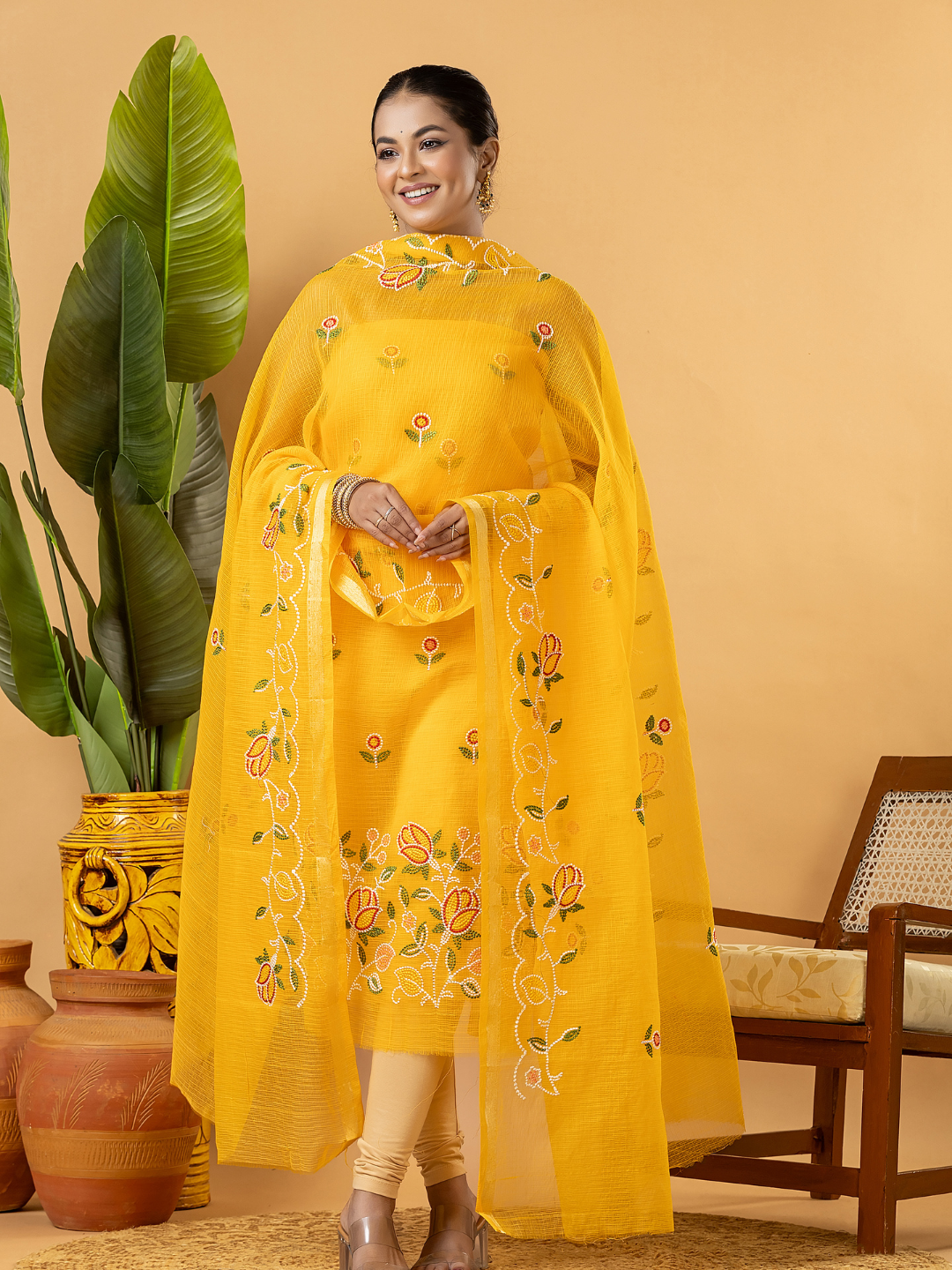 Classic Kota Doria Cotton Unstitched 2-Piece Kurti | Marigold Yellow