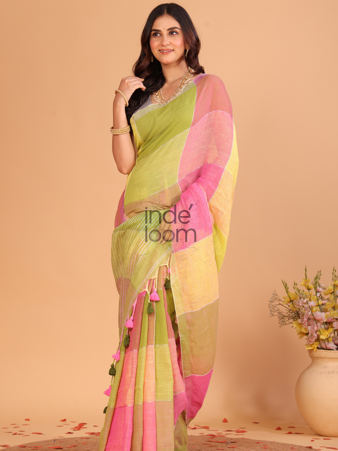 Linen Checks Saree With Green Pink Yellow - 108