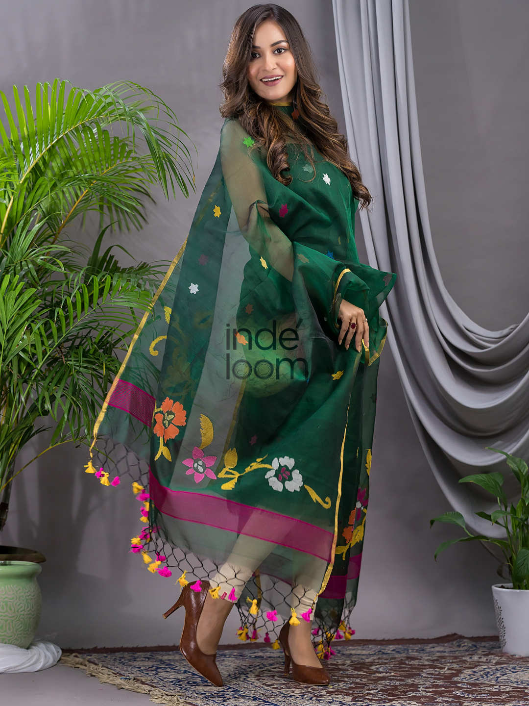 Dark Green Cotton Silk Jamdani 2-Piece Set Kurti & Dupatta (UNSTITCHED) - 106