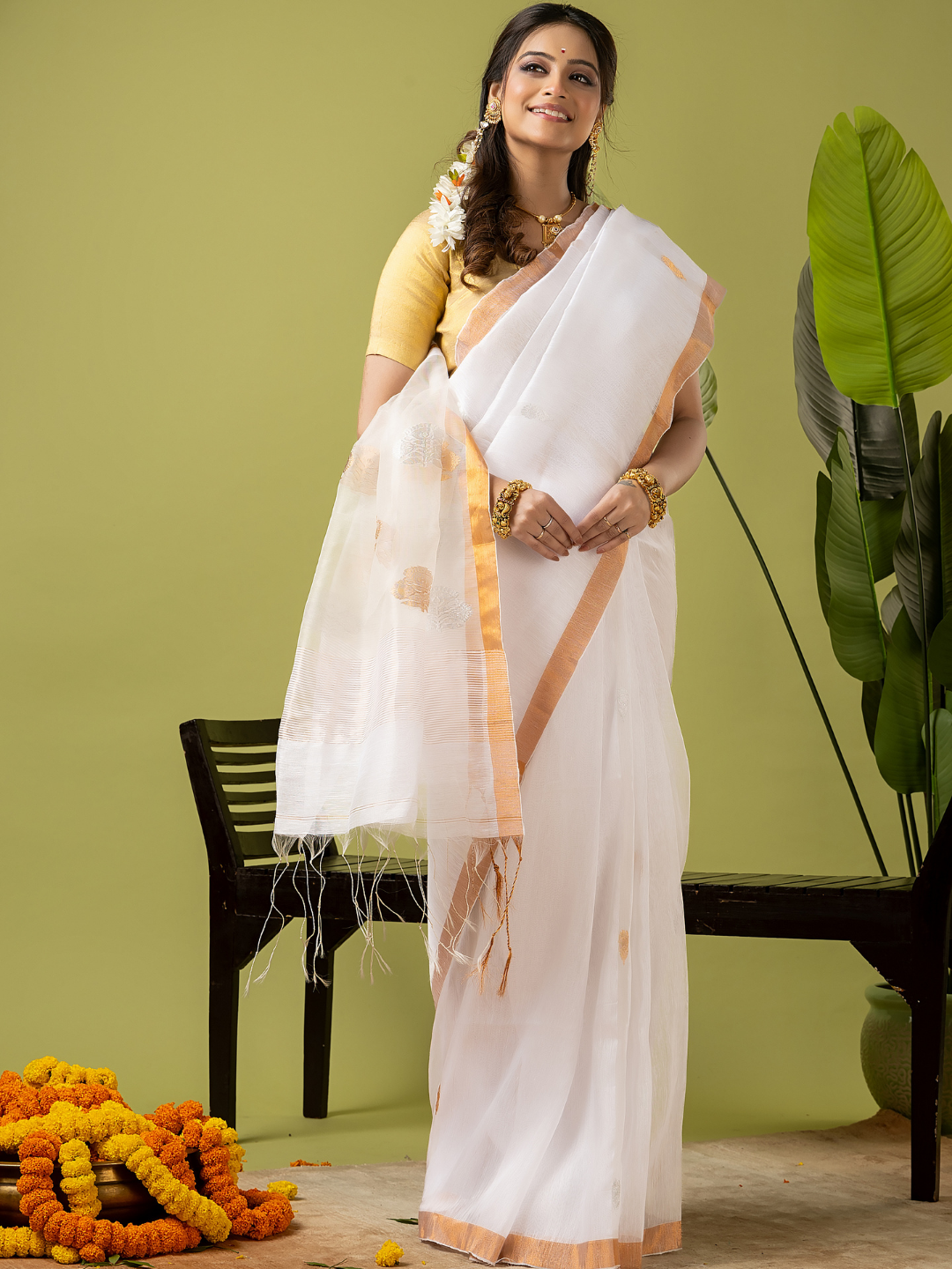 Pure Jamdani Linen Saree | Snow White  and White  | Half and Half style with Contrast Border