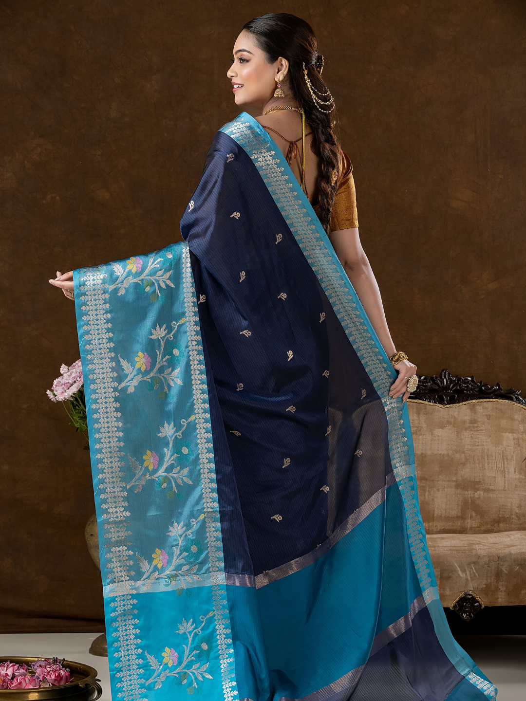 Classic Benarasi Semi Silk Saree | Deep Navy Blue