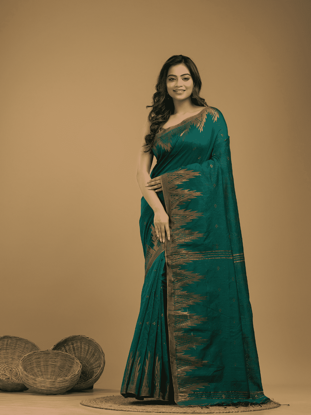 Jamdani Saree With Teal Green - 06 - indeloom