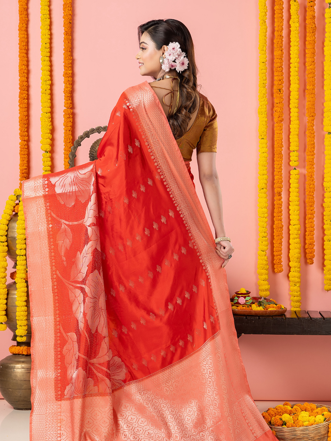 Classic Benarasi Semi Silk Saree | Coral Red