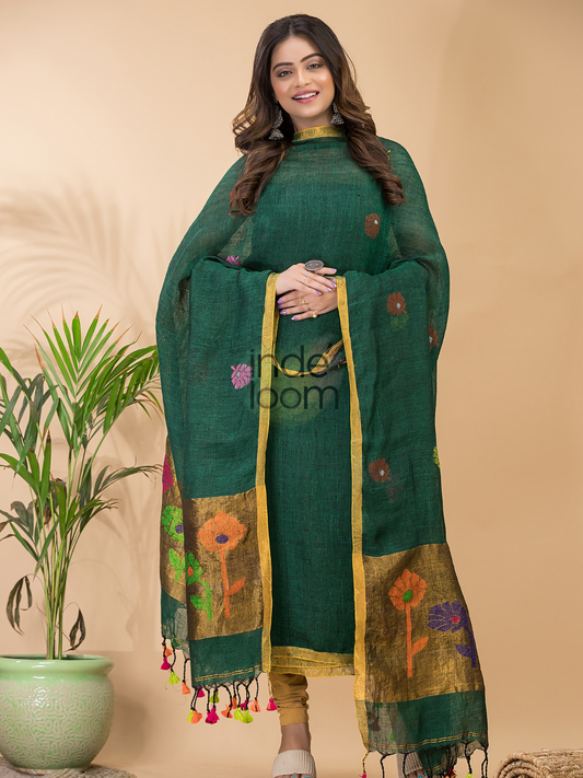 Handwoven Jamdani Linen Unstitched 2-piece Kurti  |  Bottle Green
