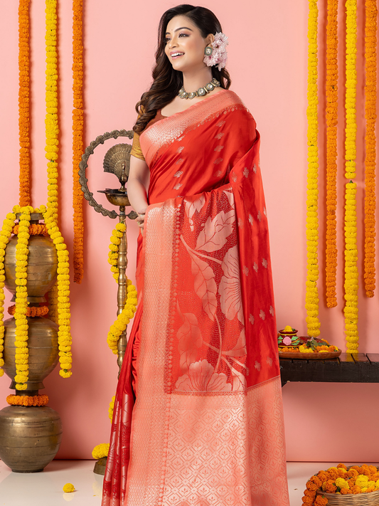 Classic Benarasi Semi Silk Saree | Coral Red