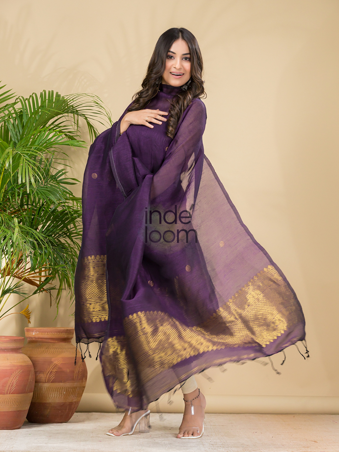 Plum Purple Muslin Linen 2-Piece Set Kurti & Dupatta (UNSTITCHED) - 869