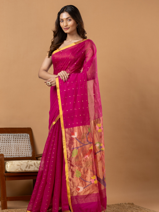 Handwoven Jamdani Muslin Saree | Fuchsia Pink