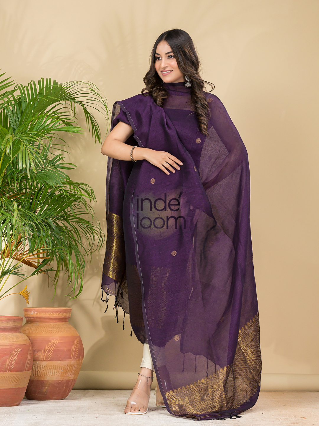 Plum Purple Muslin Linen 2-Piece Set Kurti & Dupatta (UNSTITCHED) - 869