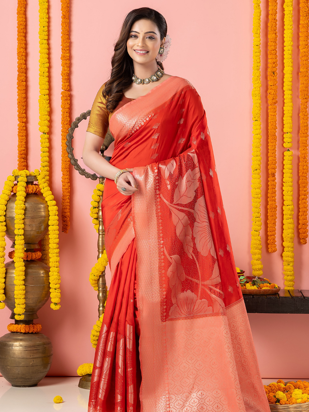 Classic Benarasi Semi Silk Saree | Coral Red