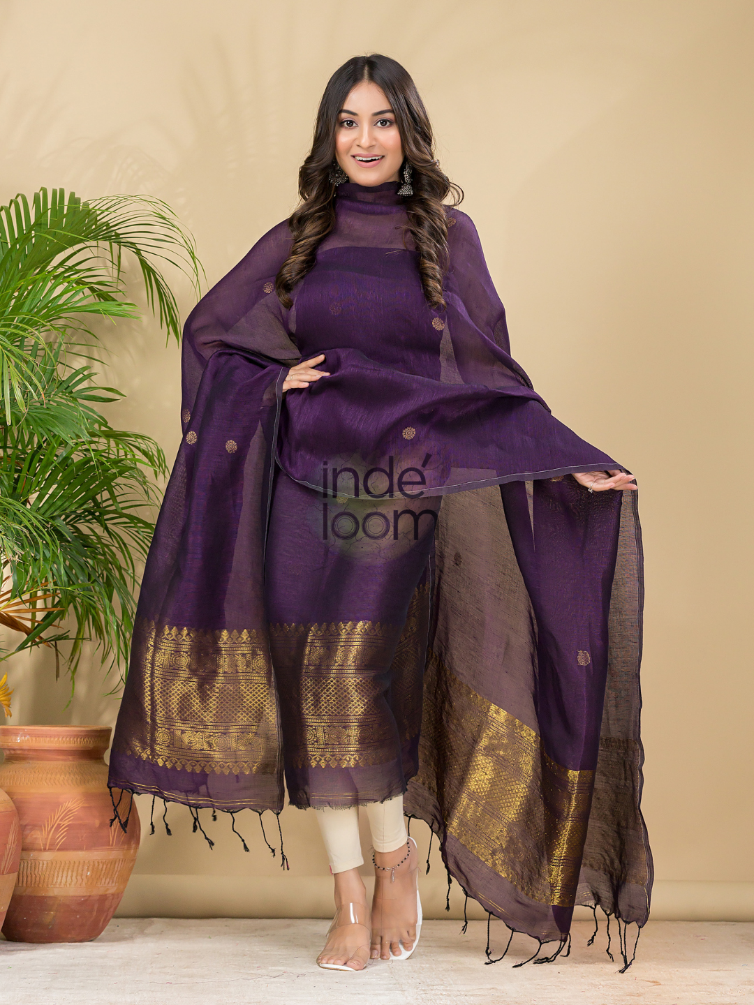 Plum Purple Muslin Linen 2-Piece Set Kurti & Dupatta (UNSTITCHED) - 869