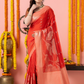 Classic Benarasi Semi Silk Saree | Coral Red