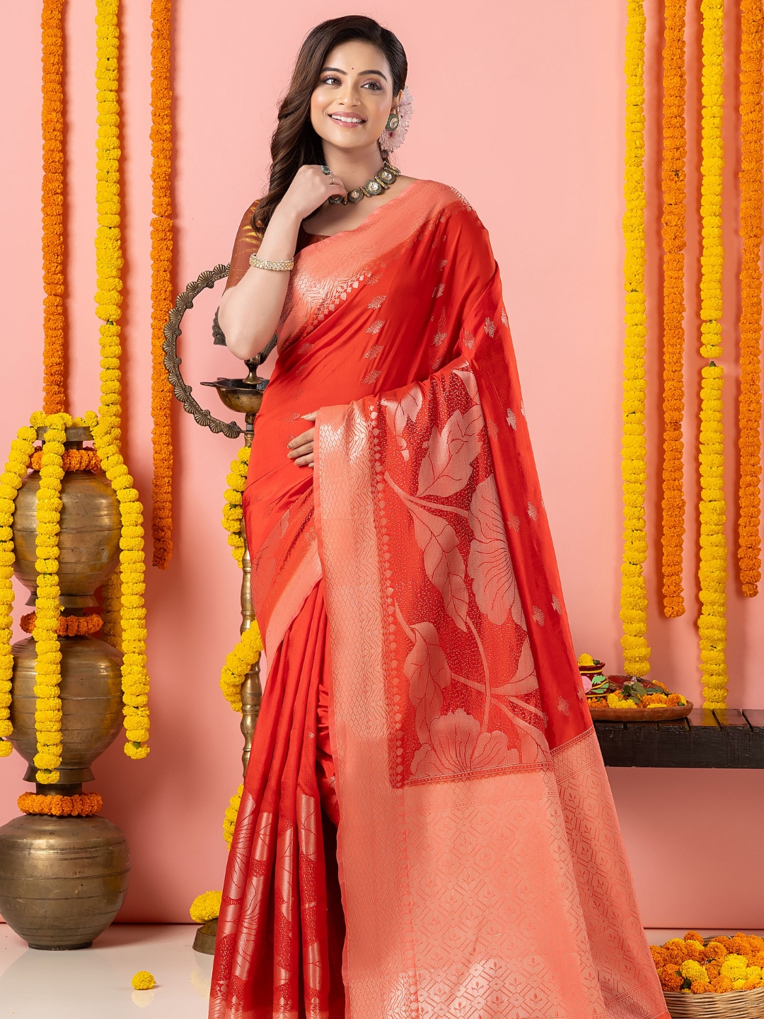 Classic Benarasi Semi Silk Saree | Coral Red