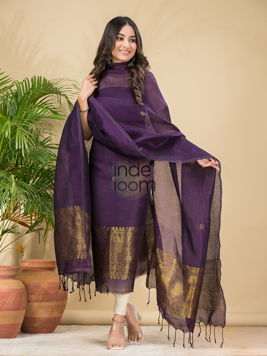 Handwoven Jamdani Linen Unstitched 2-piece Kurti  |  Eggplant Purple