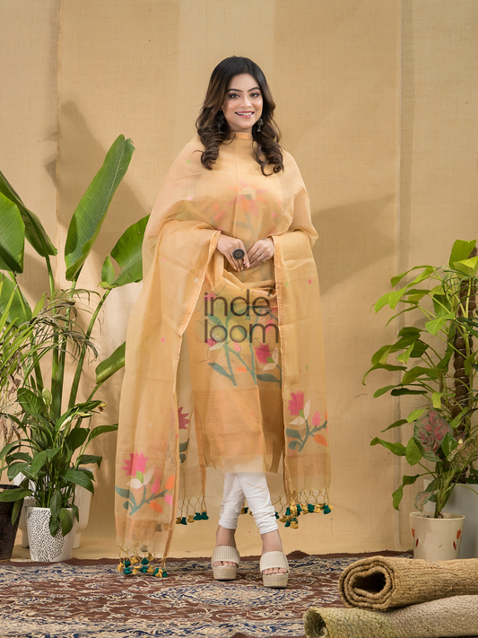 Light Cream Muslin Jamdani 2-Piece Set Kurti & Dupatta (UNSTITCHED) -774
