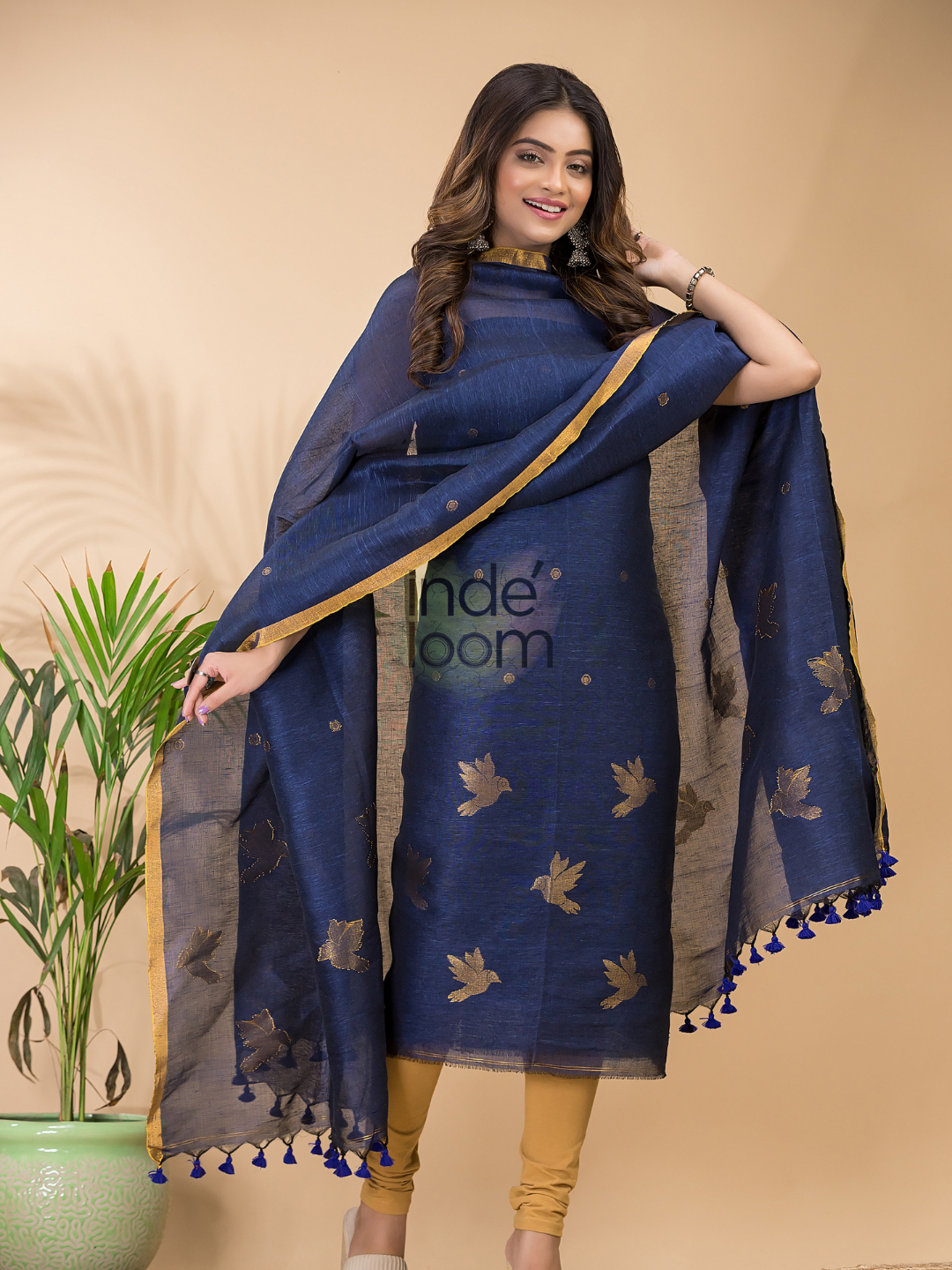 Berry Blue Cotton Linen 2-Piece Set Kurti & Dupatta (UNSTITCHED) - 063
