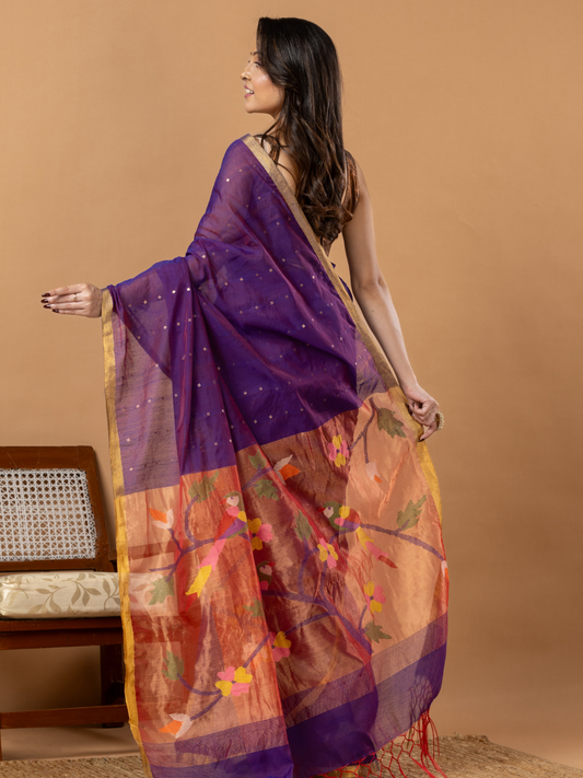 Handwoven Jamdani Muslin Saree | Deep Purple