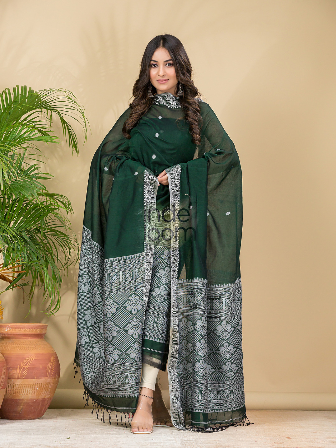 Dark Green Mercerised Cotton Baluchari 2-Piece Set Kurti Dupatta (UNSTITCHED)-887