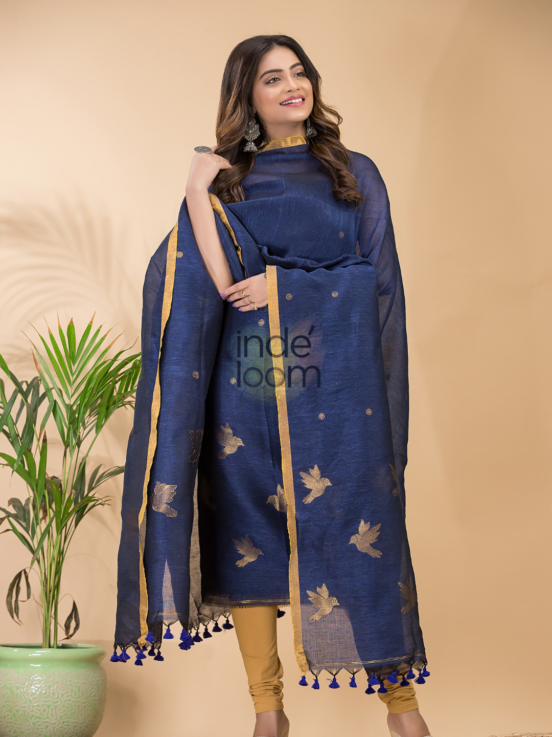 Berry Blue Cotton Linen 2-Piece Set Kurti & Dupatta (UNSTITCHED) - 063