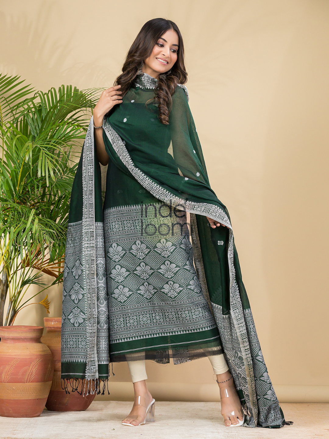 Dark Green Mercerised Cotton Baluchari 2-Piece Set Kurti Dupatta (UNSTITCHED)-887