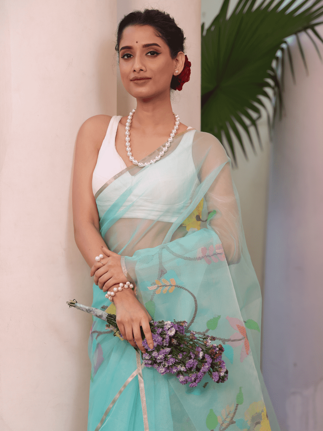 Baby Blue Hand Made Jamdani Saree -098 - indeloom