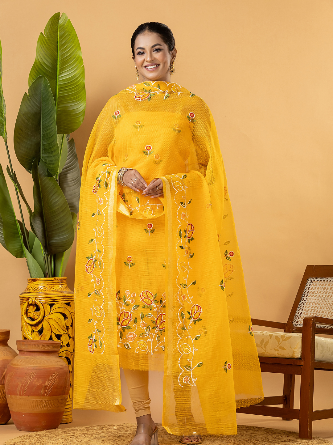 Classic Kota Doria Cotton Unstitched 2-Piece Kurti | Marigold Yellow